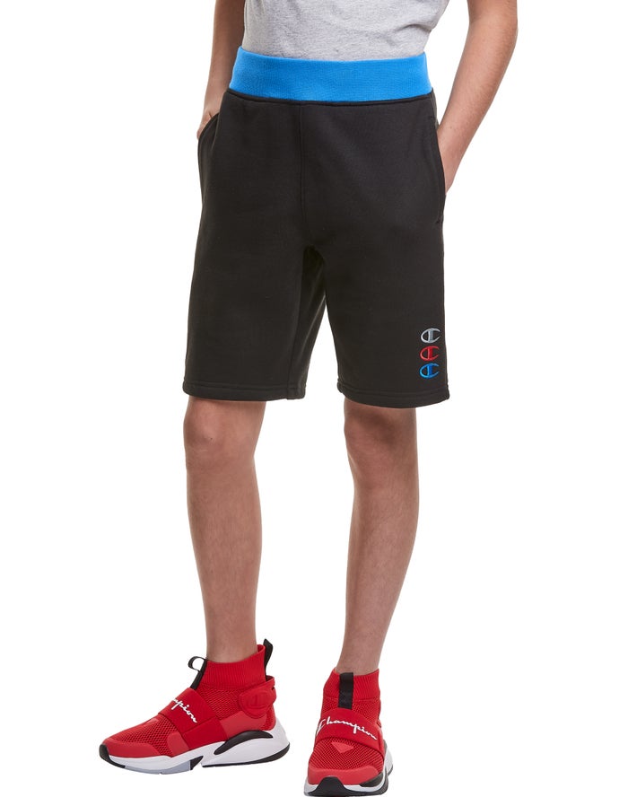 Champion Drenge Shorts Sort - Reverse Weave Fleece Triple Stacked Logos - Danmark PQI-942378